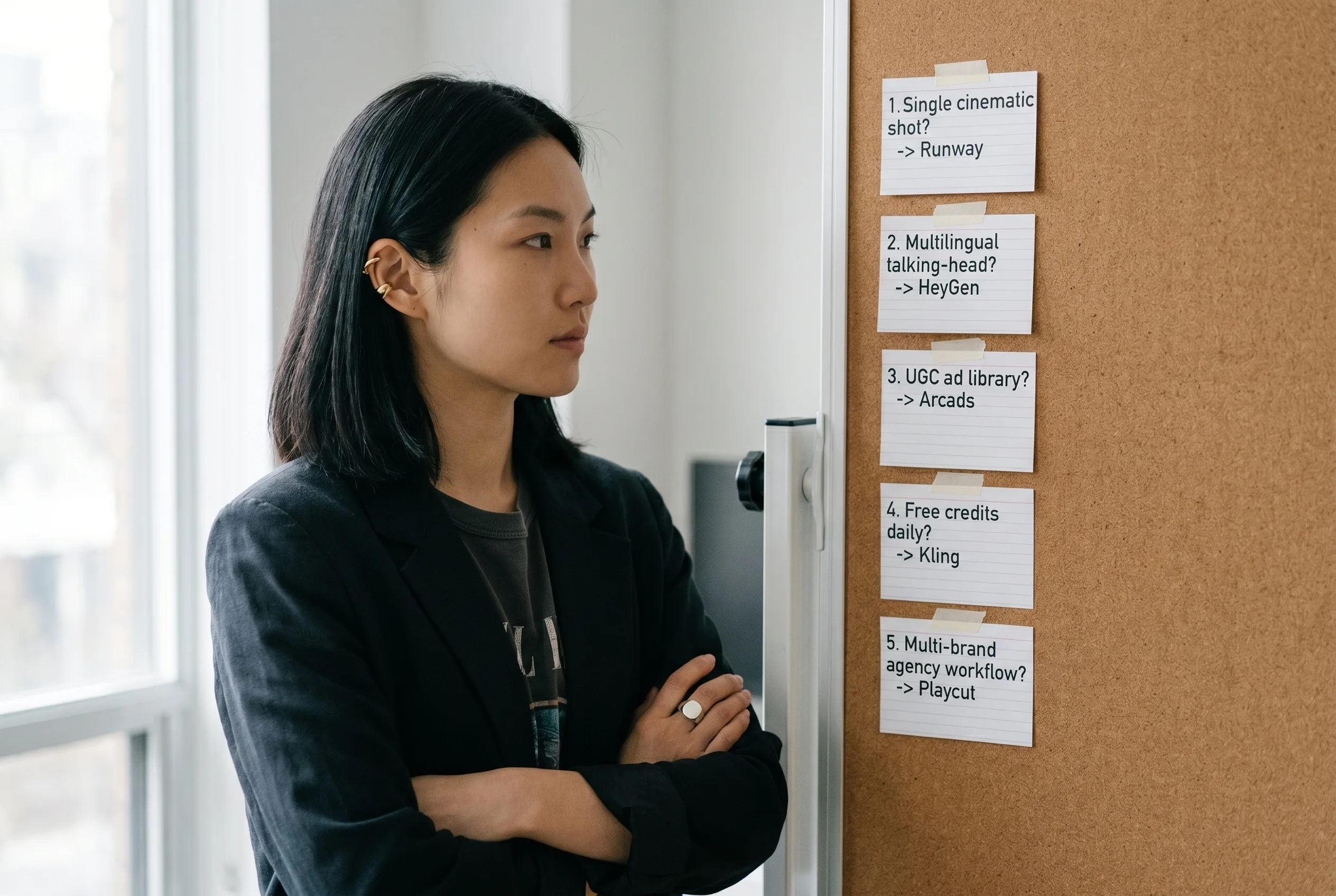 Mira Chen reading a five-step decision framework taped to a corkboard, mapping use cases like multilingual talking-head, UGC library, and multi-brand agency to specific AI video tools, Playcut Imagen 4 generation