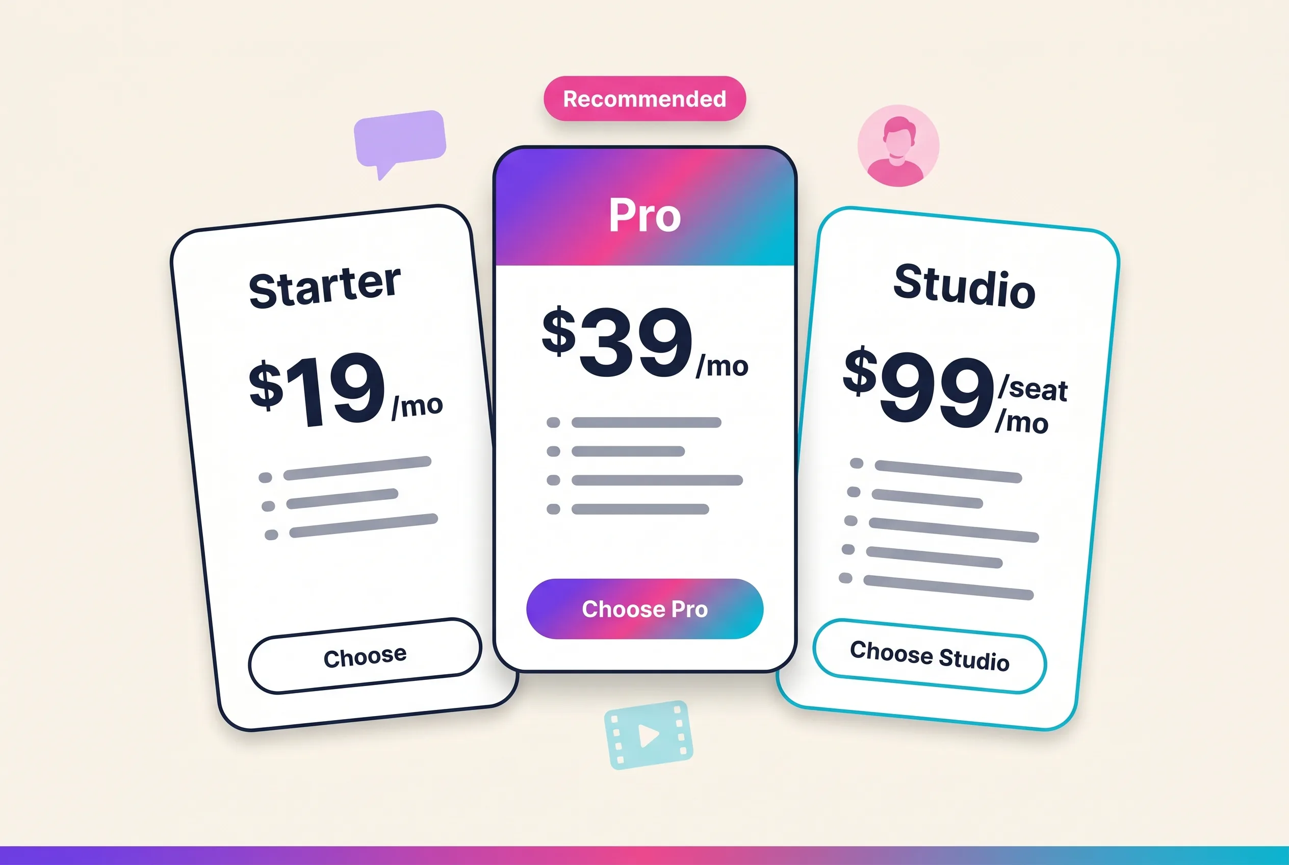 Playcut pricing comparison showing Solo Team and Agency plans with credit allowances and custom AI actor counts