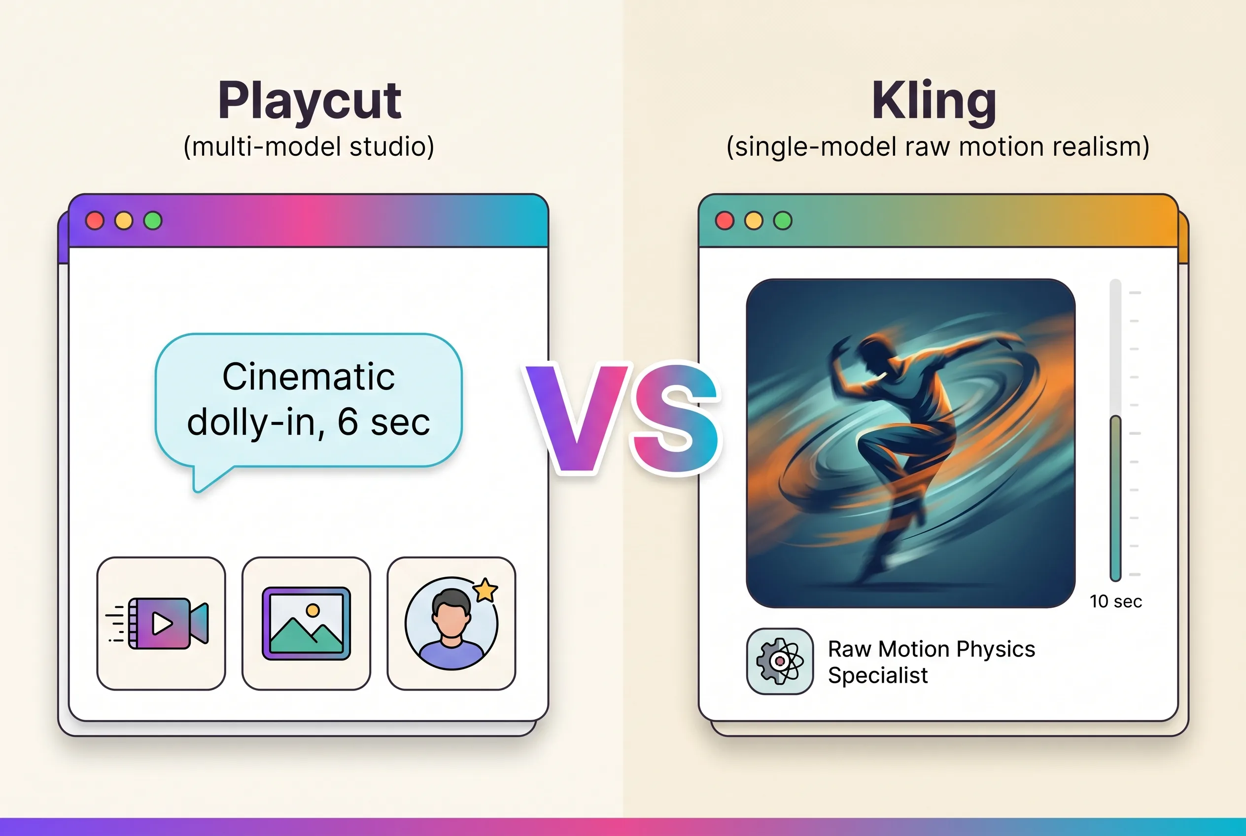 Side-by-side comparison of Playcut studio and Kling 2 generating cinematic AI video