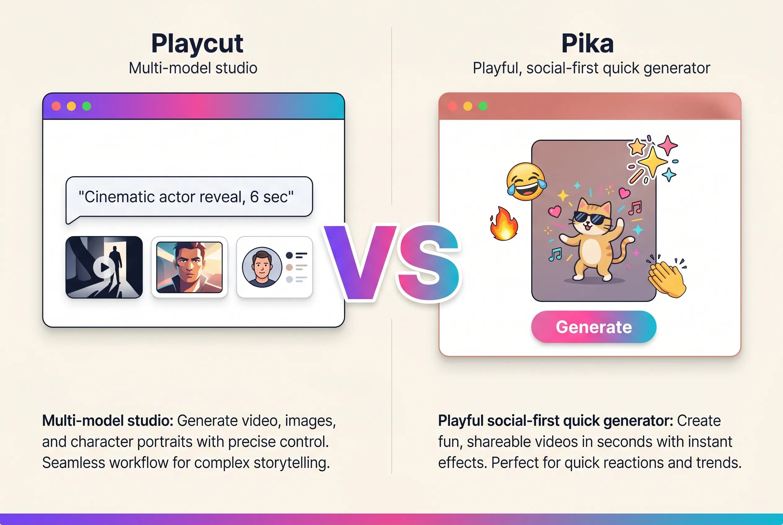 Side-by-side comparison of Playcut studio and Pika 2 generating cinematic AI video