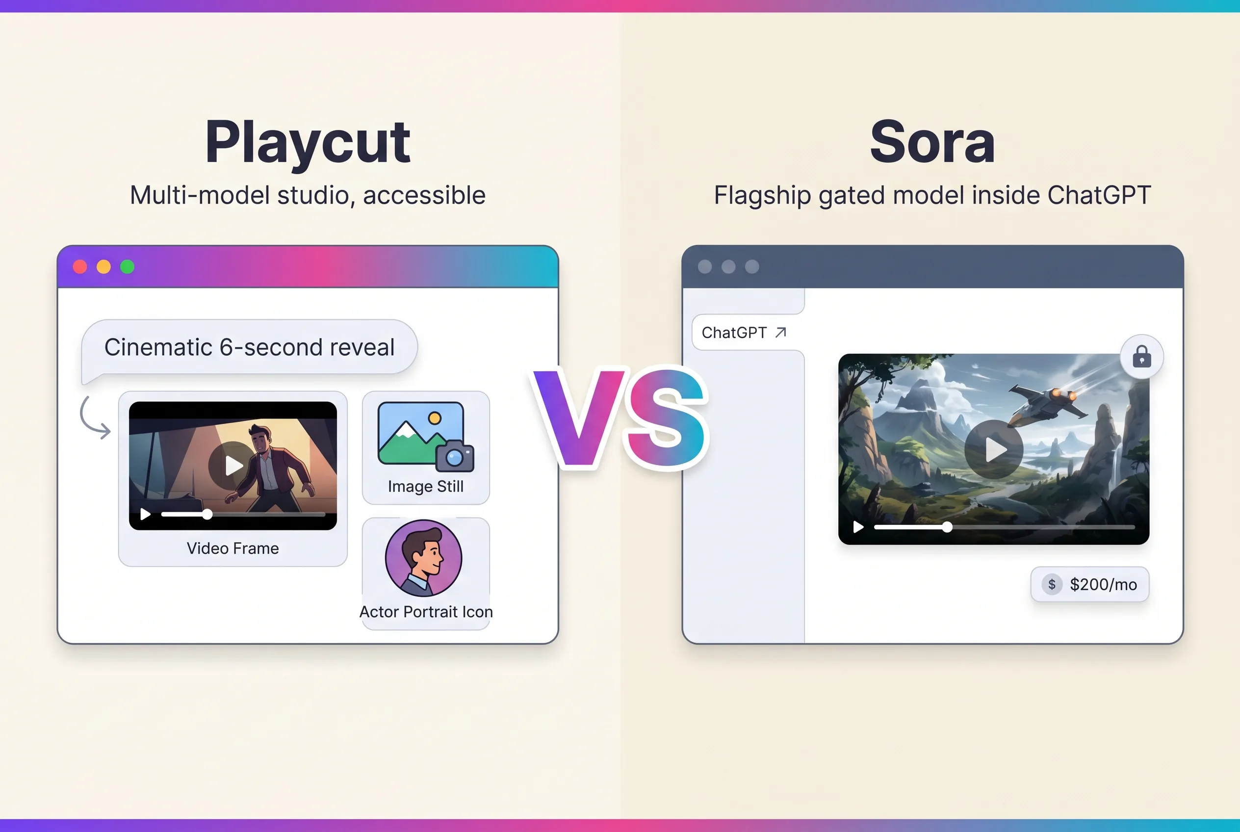 Side-by-side comparison of Playcut studio and OpenAI Sora generating cinematic AI video