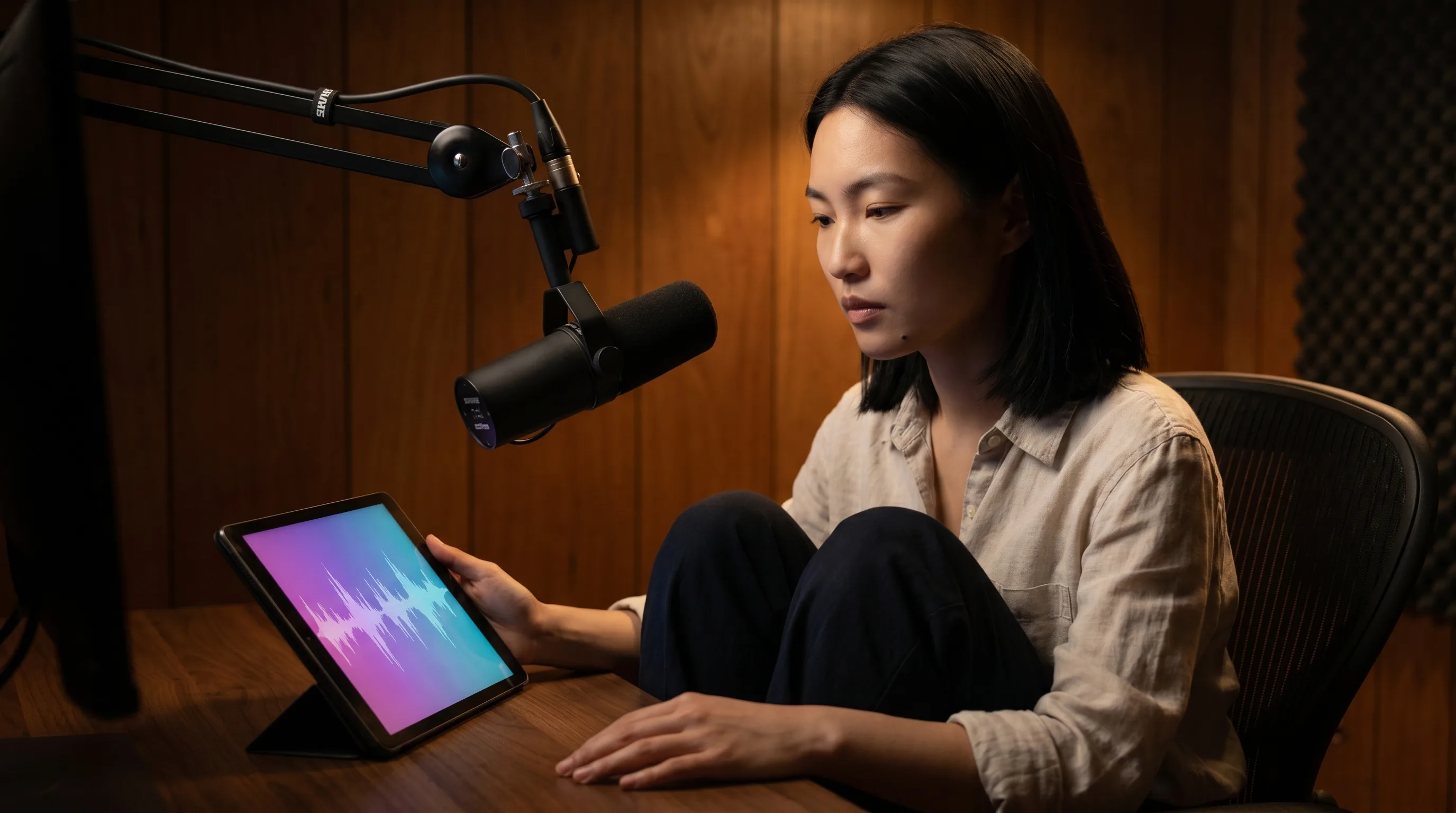 Mira Chen in a home recording booth reading a 30-second voice-clone consent script into a Shure SM7B broadcast microphone, the tablet in her hand showing a violet-pink-cyan gradient audio waveform under warm tungsten edge-light against acoustic foam panelling, Playcut Imagen generation