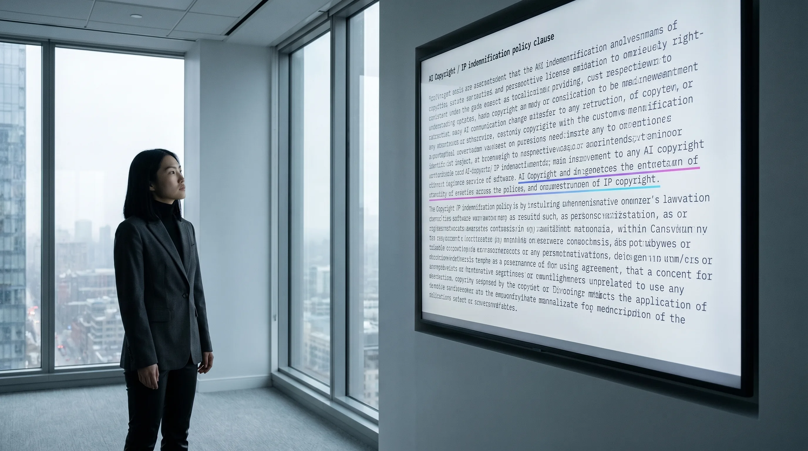 Mira Chen standing alone in a modern L&D corporate-comms office reviewing the verbatim legal text of an AI Copyright / IP indemnification clause projected on a wall-mounted display with a thin Playcut violet-pink-cyan gradient underline highlighting one key clause, under soft Toronto-overcast diffused daylight, Playcut Imagen generation
