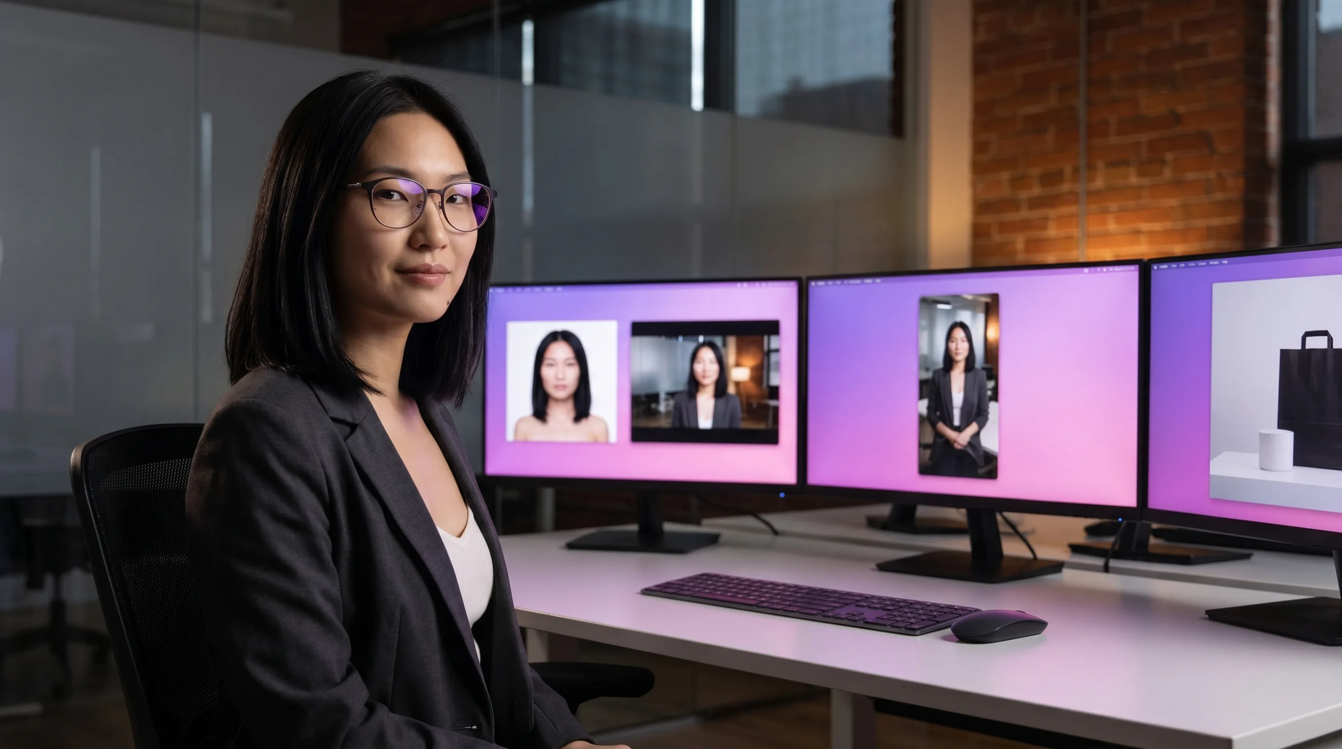 Mira Chen at a B2B sales-ops desk — best-in-class character consistency, the same trained actor across stills, motion video, UGC ads, and on-product compositing (9.5/10 on our 8-shot consistency test), rendered by the Playcut Actor Engine