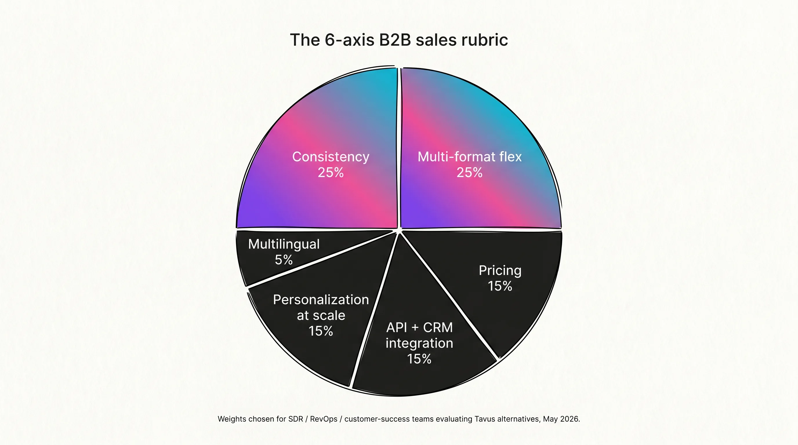 Illustrated 6-axis rubric wheel showing the locked B2B sales-video weights for ranking Tavus alternatives — Consistency 25, Multi-format flex 25, Pricing 15, API + CRM integration 15, Personalization at scale 15, Multilingual 5 — with the two largest co-anchor wedges (Consistency and Multi-format) both filled in the Playcut signature violet-pink-cyan gradient, Playcut Imagen generation