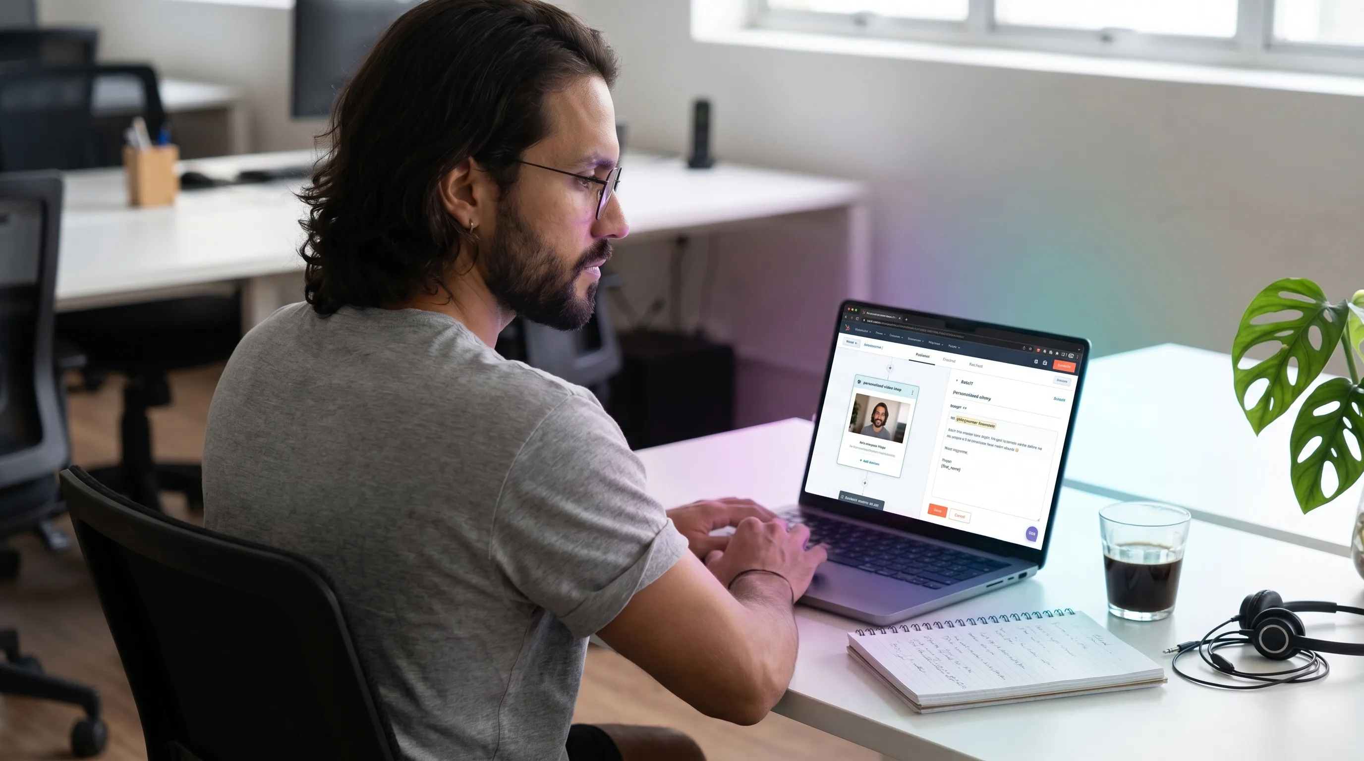 Diego Ribeiro at a clean São Paulo B2B SaaS office desk reviewing a HubSpot CRM Sequences interface on a MacBook with a personalized-video step highlighted and a first-name merge token visible in the script preview pane, soft north-window daylight, Playcut Imagen generation