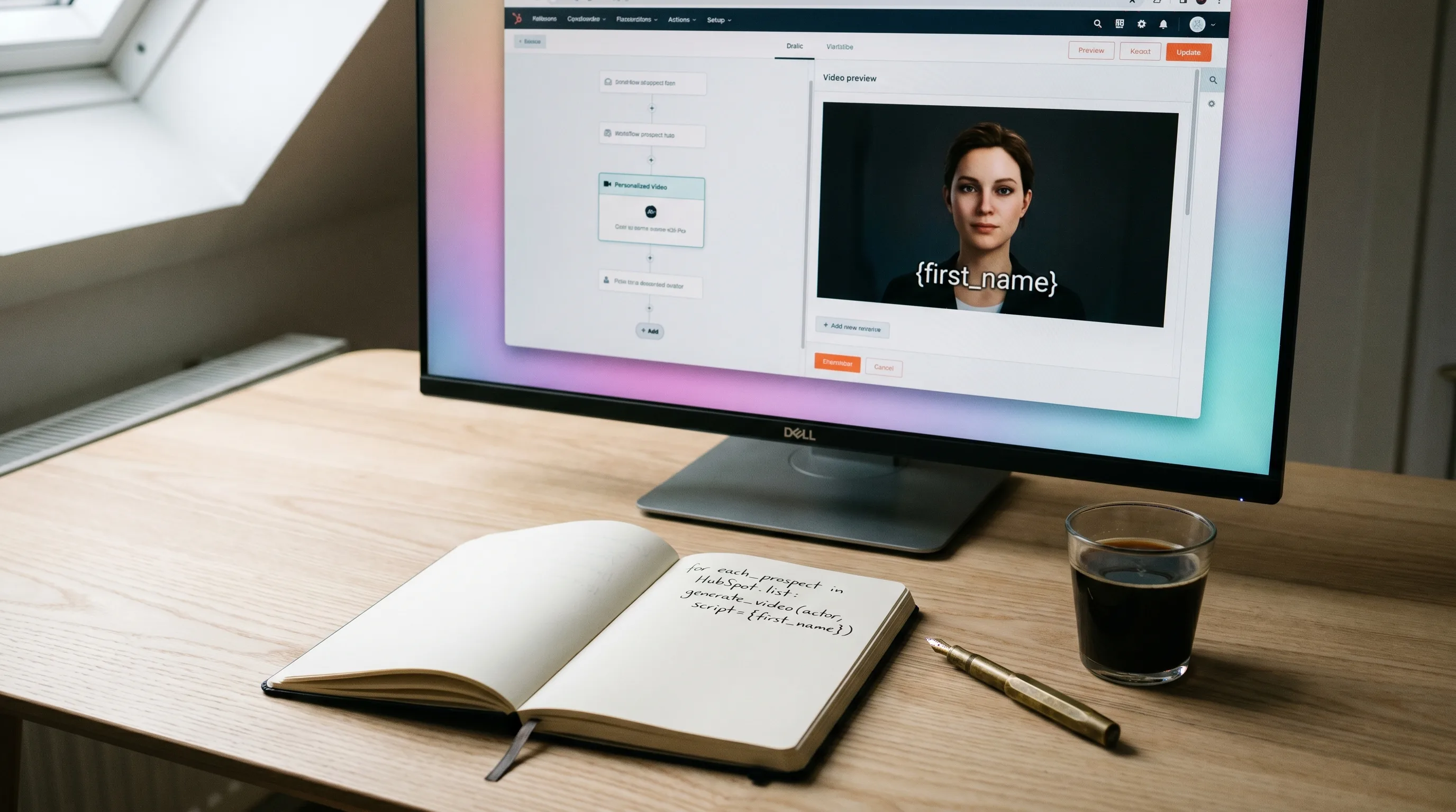 A CRM personalization-at-scale workspace — a 27-inch monitor showing a Salesforce-style sequence builder paired with a video preview pane and a first-name merge tag overlay, foreground notebook scrawled with outreach pseudo-code 'for each_prospect in HubSpot.list: generate_video(actor, script={first_name})', soft north-window daylight, Playcut Imagen generation