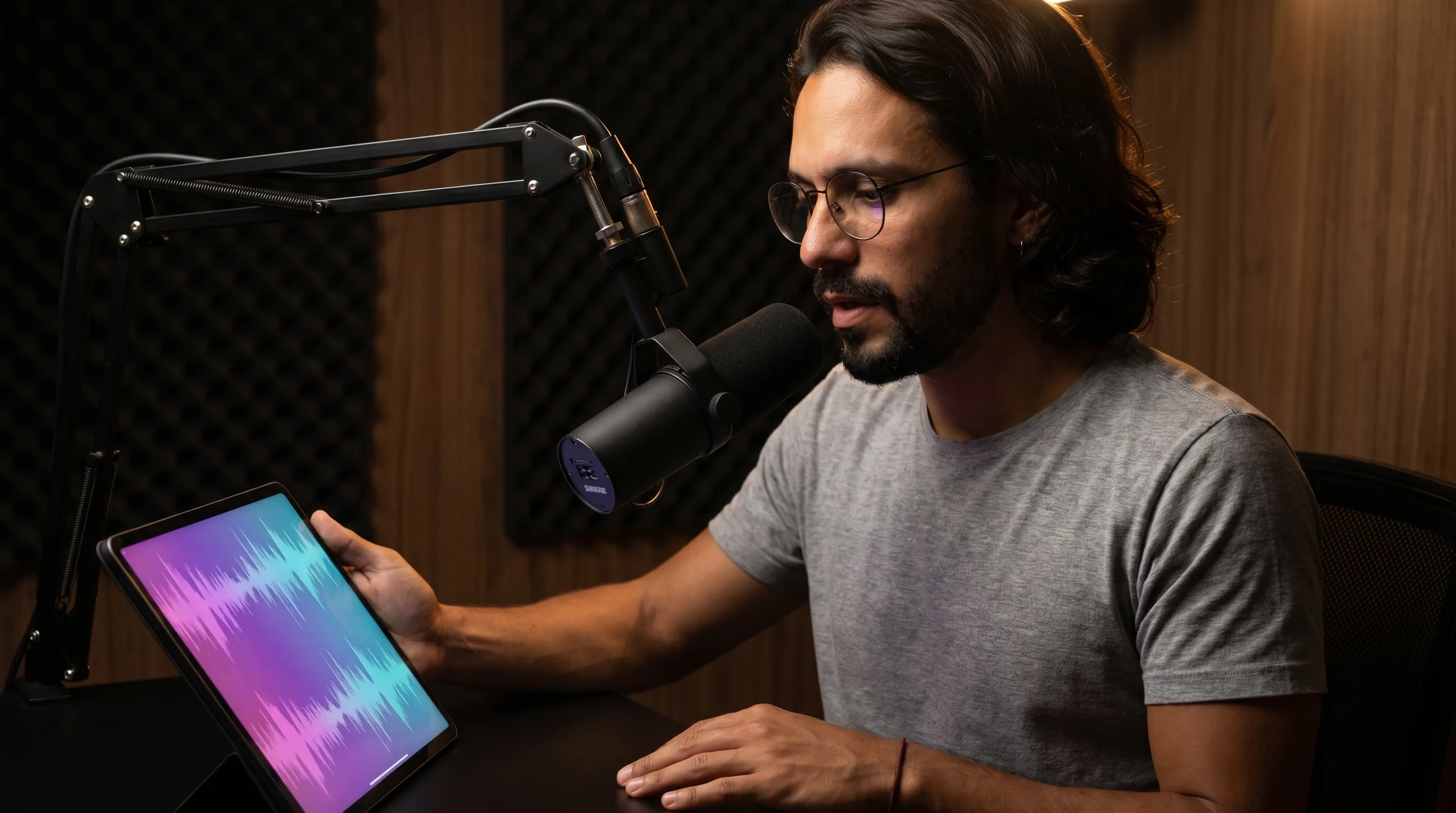 Diego Ribeiro in a home recording booth reading a 30-second voice-clone consent script into a Shure SM7B broadcast microphone, the tablet in his hand showing a violet-pink-cyan gradient audio waveform under warm tungsten edge-light against acoustic foam panelling, Playcut Imagen generation