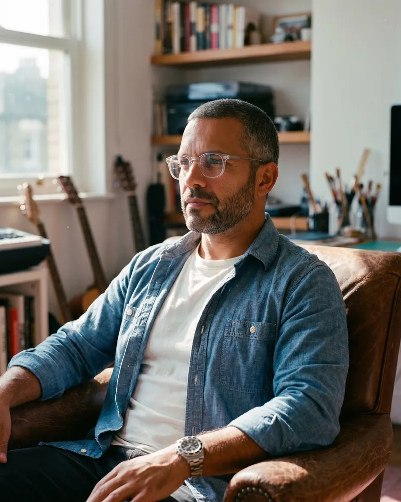 The same custom AI avatar Andre Laurent in a second pose and wardrobe, identity held from the source reference, rendered by the Playcut Actor Engine