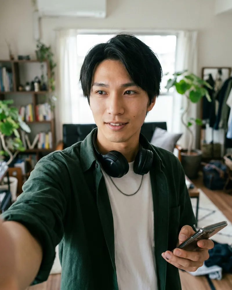 An arm's-length UGC selfie of the same AI influencer persona, the native handheld register with the same identity, rendered by the Playcut Actor Engine