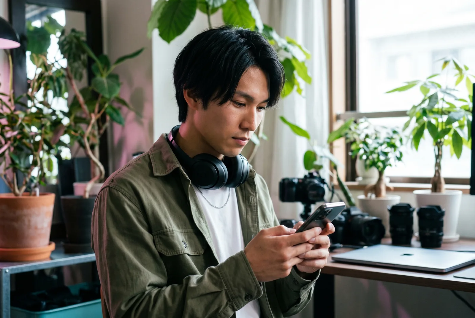 AI influencer generator showing one consistent virtual influencer persona — a young content creator with over-ear headphones — reused across a feed of stills, reels, and on-product posts, rendered by the Playcut Actor Engine